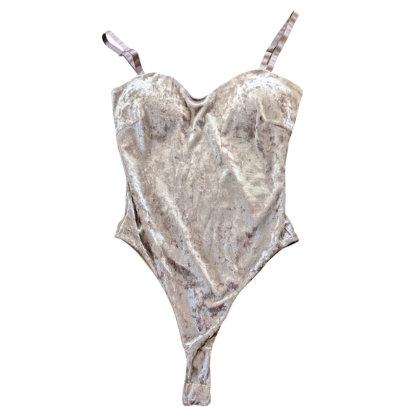 JLUXLABEL Crushed Velvet Bodysuit Taupe Nude Spaghetti Strap Size S - Picture 14 of 14